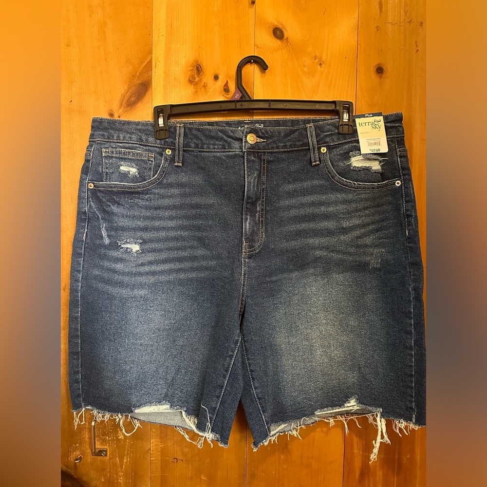 Terra & Sky Women's Plus Size Destructed Hem Bermuda Short, Size 20W
